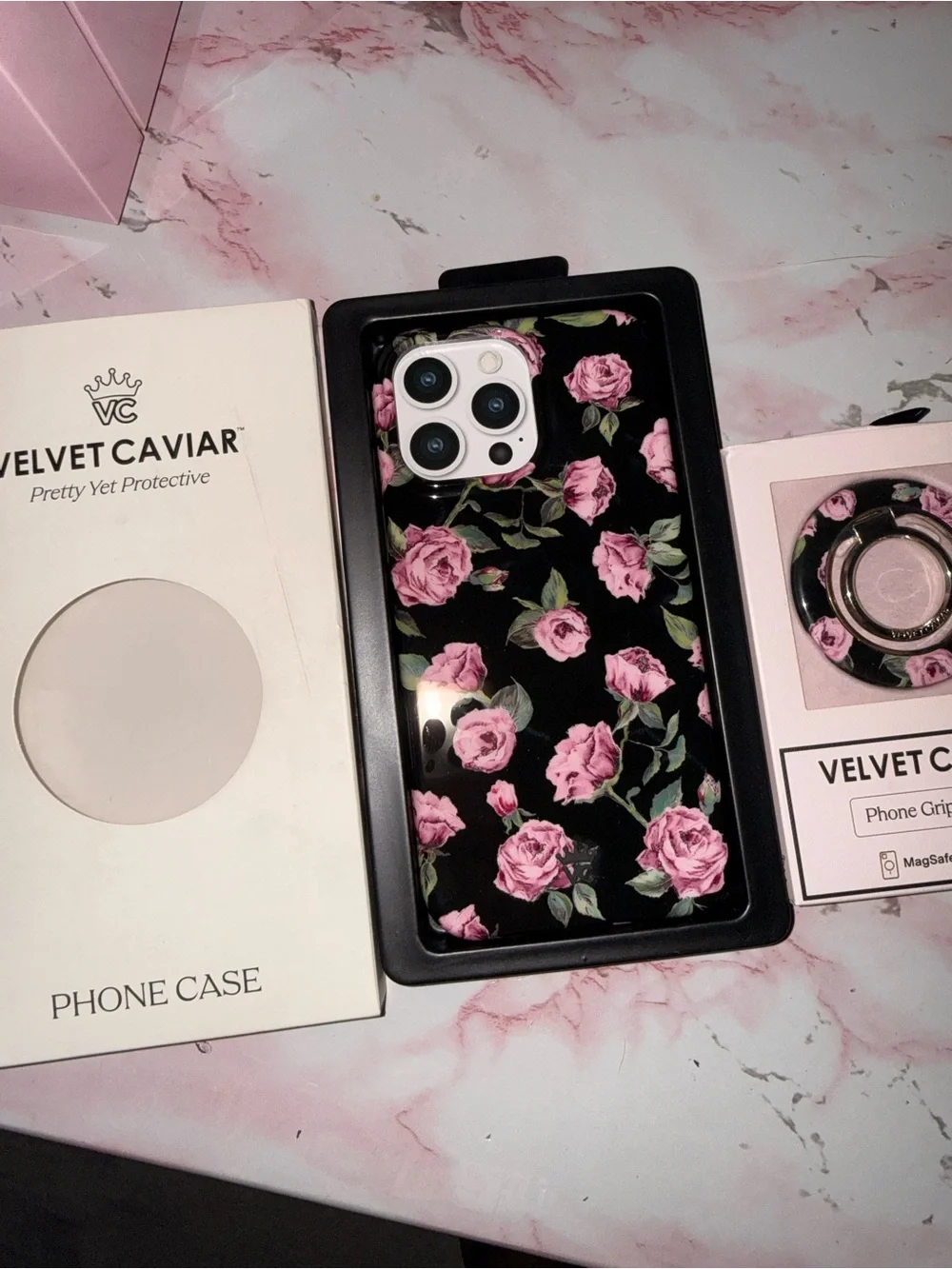 Velvet Caviar Pink Rose Floral Phone Case & Phone Grip - Black Background